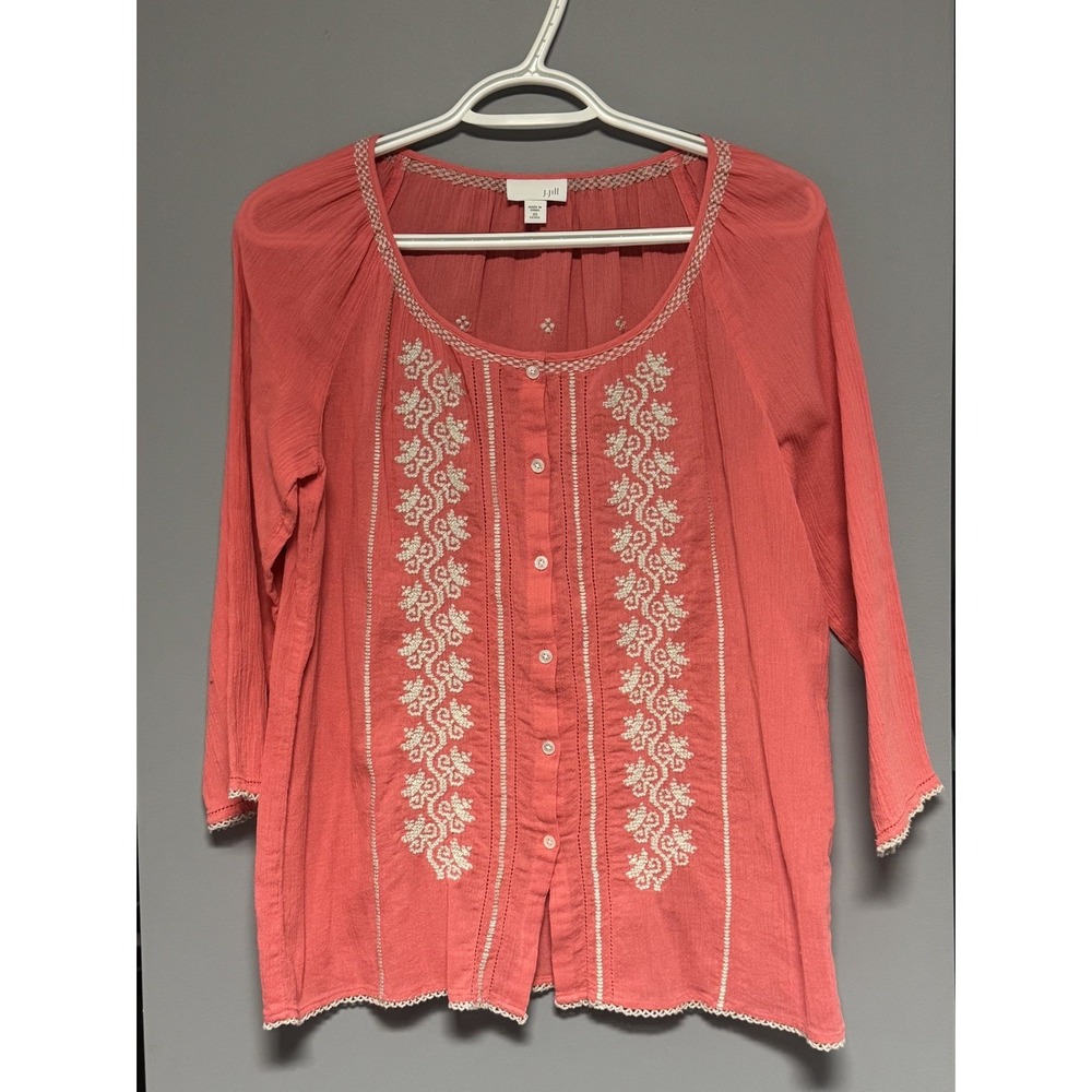 J. Jill Women's Petite XS Coral Gauzy Embroidered Button Up Top Beach‎ Boho